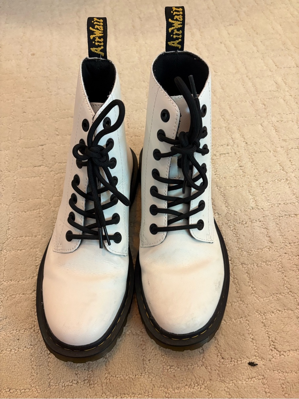 Dr. Martens White Leather Lace-Up Combat Boots with Black Accents